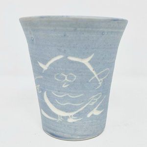 Owl Hand Thrown Pottery Cup Incised Design Blue Wash with Crackle Interior Matte